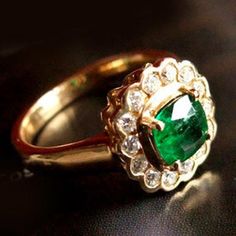 Welcome to JEWELYUG its just a JEWEL4U You can find many beautiful jewelry here containing natural gemstone & precious metal to full fill your though of living and cheers with your special occasion you also can ask for customized service. Beautiful Vintage Classic Statement 1.00 Carat Zambian Emerald & 0.50Ctw. Mine Diamond Halo Art Deco Ring crafted beautifully in 18K Yellow Gold that is very Adorable & comfortable to be worn daily and designed with a lot of thought and love. This w Emerald Anniversary, Floral Wedding Ring, Emerald Engagement, Ring Crafts, Wedding Rings Vintage, Emerald Engagement Ring, Color Ring, Art Deco Ring, Natural Emerald