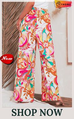 Orange Floral Print Wide Leg Pants Multicolor Wide Leg Pants With Floral Print, Trendy Ankle-length Pants For Vacation, Chic Printed Pink Bottoms, Chic Pink Printed Bottoms, Spring Day Out Printed Wide Leg Pants, High Waist Printed Pants For Vacation, Printed Wide Leg Pants For Spring Day Out, Trendy Spring Wide Leg Pants, Summer Floral Print High-waisted Pants