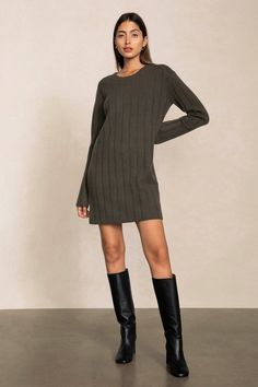 Classy meets flirty in the Liv mini dress. Dress it up with your favorite heels or keep it chic with your go-to boots, and you're ready for a night out. 510 grams of 100% pure cashmere in 5-gauge knit Crewneck Mini dress Long sleeve Ribbed throughout Relaxed fit 32 1/4" length (size small) Dry Clean Only All sale items are FINAL SALE. Dress With Knee High Boots, Long Black Boots, Workwear Wardrobe, Mini Dress Long Sleeve, Long Sleeve Outfits, Cashmere Dress, Long Sleeve Sweater Dress, Knit Crewneck, Dress Long Sleeve