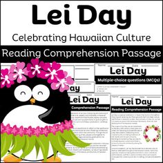 a poster with the words lei day and an image of a penguin wearing flowers on its head