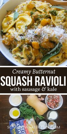 A bowl of ravioli with butternut squash, sausage and fresh sage. Sausage Ravioli Recipe, Ravioli With Sausage, Butternut Squash Ravioli Sauce, Ravioli Dinner Ideas, Sage Cream Sauce, Butternut Squash Sausage, Sausage Ravioli, Pumpkin Sausage, Ravioli Sauce