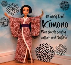 a doll dressed in a kimono standing next to a wall