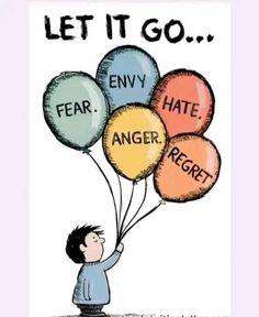 a boy holding balloons that say, let it go fear hate anger and respect in different languages