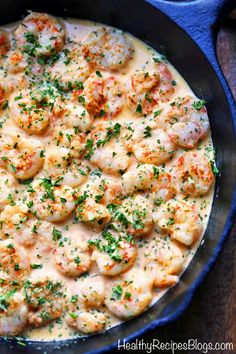 the shrimp in cream sauce is ready to be served on the grill or stove top