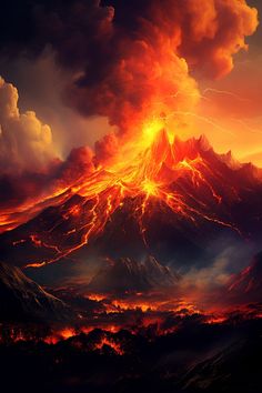 an image of a volcano in the sky with clouds and lava around it, as seen from below