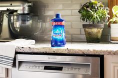 a dishwasher sitting on top of a counter next to a potted plant