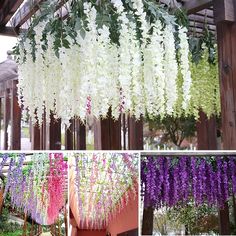 several different types of flowers hanging from the ceiling in an outdoor area with wooden structures