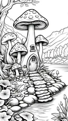 a black and white drawing of a mushroom house