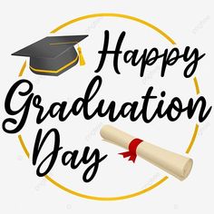 a happy graduation day with a cap and diploma in the center, on a white background