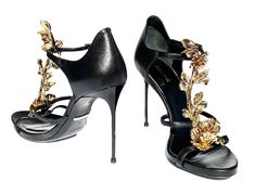 New Roberto Cavalli 3 D Gold Tone Flowers Embellished T-Strap Sandals It 38 US 8 For Sale at 1stDibs | vintage roberto cavalli heels, italian size 38 to us, scorpion heels Velvet Thigh High Boots, Vintage Roberto Cavalli, Vintage High Heels, Vintage Brands, Thigh High Heels, Men's High Top Sneakers, Leather High Heel Boots, Thigh High Boots Heels, Leather High Heels