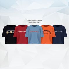 four t - shirts with the words overlaided in black, orange, and blue