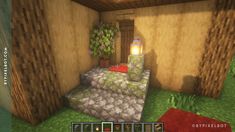 a bedroom with a bed and plants in the room, it looks like an old minecraft house