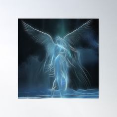 an angel standing in the water with his wings spread out and glowing blue poster print