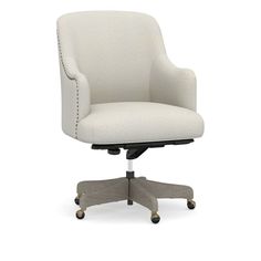 an office chair with wheels and a white upholstered back, viewed from the front