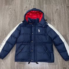 Polo Ralph Lauren Navy Red Usa #18 Big Pony Down Hooded Puffer Jacket Coat Orange Puffer Jacket, Outdoor Jackets, Mens Outdoor Jackets, Mens Puffer Jacket, Ralph Lauren Jacket, Navy Blue Jacket, Boy Outerwear, Hooded Puffer Jacket, Polo Sport Ralph Lauren