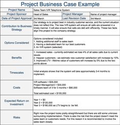 the project business case example is shown in two separate sections, each with different details