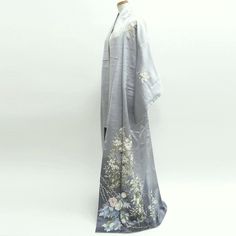 This is a pre-owned authentic Japanese kimono garment. This is an awesome genuine Japanese Silk Kimono. The fabric is a mid-weight Silk, smooth-textured with a lustrous finish typical rinzu fabric. This garment would be great for a special party or for special event, or even for an unique wall display. #1 Total Length : 153cm/60.2 inches #2 Center to the edge of the sleeve : 63cm/24.8inches #3 Center to Shoulder : 31cm/12.2inches #4 Sleeve Length : 48cm/18.9inches Material: Silk Color: Light Gra Formal Spring Kimono With Kimono Sleeves, Ceremonial Long Elegant Kimono, Ceremonial Silk Kimono With Kimono Sleeves, Silk Kimono With Kimono Sleeves For Tea Ceremony, Elegant Kimono With Kimono Sleeves For Tea Ceremony, Elegant Long Kimono For Tea Ceremony, Japanese Silk, Vintage Kimono, Silk Kimono