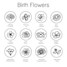 the different types of birth flowers in black and white, with text that reads birth flowers