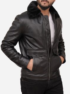 Black Shearling Collar Leather Jacket For Men This stunning George Shearling Collar Black Leather Jacket is available in genuine leather. Also, it features a plush shearling collar that adds to its elegance and keeps you cozy and snug. With its secure front zipper closure and five spacious pockets, you can carry all your essentials without compromising style. But wait, there's more! Shearling jackets are known for their exceptional insulation properties, which keep you toasty in coldest weather. Black Shearling Outerwear With Zipper Closure, Casual Leather Jacket With Faux Fur Lining, Black Sheepskin Outerwear With Padded Collar, Casual Sheepskin Leather Jacket For Winter, Black Shearling Biker Jacket With Long Sleeves, Casual Black Leather Jacket With Faux Fur Trim, Black Shearling Biker Jacket With Padded Collar, Black Aviator Leather Jacket With Padded Collar, Black Sheepskin Leather Jacket With Padded Collar