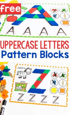 the uppercase letters pattern blocks are shown with crayons and pencils to make them