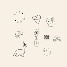 various stickers on a white background with the words girl pwr and an animal