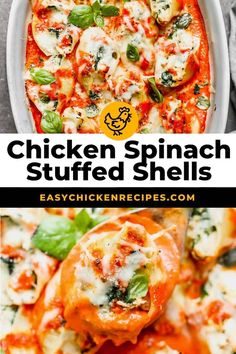 chicken spinach stuffed shells in a casserole dish