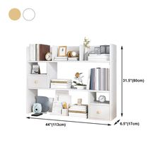 a white book shelf with books and other items on it, measurements for each shelf