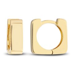 High polished square tubes are fashioned into chunky squares in these classic women's huggie earrings. Fashioned in 14K yellow gold, the earrings secure in place with hinged backs. Rectangular 14k Yellow Gold Hoop Earrings, 14k Yellow Gold Rectangular Hoop Earrings, Modern Square Yellow Gold Hoop Earrings, Rectangular Yellow Gold Huggie Earrings, Classic Hinged Yellow Gold Huggie Earrings, Rectangular 14k Gold Huggie Earrings As Gift, Classic Rectangular Yellow Gold Huggie Earrings, Classic Yellow Gold Rectangular Huggie Earrings, Classic 14k Gold Rectangular Earrings