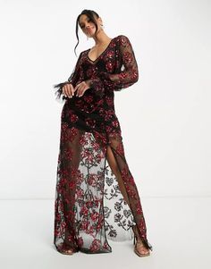 Lace & Beads exclusive long sleeve maxi dress in red mixed applique | ASOS Volume Sleeves, Sleeve Maxi Dress, Long Sleeve Maxi, Beaded Lace, Body Fit, Trending Now, Long Sleeve Maxi Dress, Sliders, Vintage Shops