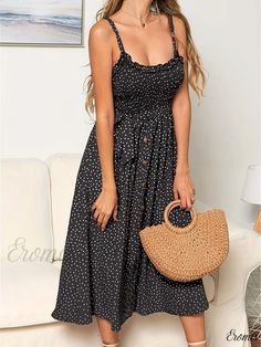 Eromis - Womens Polka Dot Dress with Ruffle Trim, Spaghetti Straps and Button Backless Design - Stylish and Casual Fashion for Any Occasion Summer Sundress With Spaghetti Straps And Buttons, Beach Sundress With Spaghetti Straps And Buttons, Spaghetti Strap Sundress With Buttons For Beach, Polka Dot Summer Dresses With Button Closure, Polka Dot Summer Dress With Buttons, Summer Polka Dot Dress With Buttons, Womens Polka Dot Dress, Backless Design, Polka Dot Dress