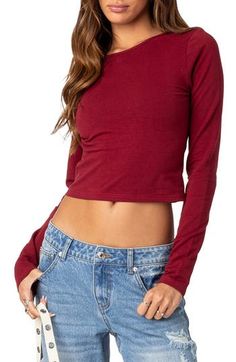 This day-to-night knit crop top is punctuated with a low-dipping back for eye-catching appeal. Crewneck Long sleeves 95% cotton, 5% spandex Machine wash, dry flat Imported Fall Seamless Cropped Top, Basic Crop Top For Fall, Seamless Crop Top For Fall, Fitted Cotton Crop Top For Fall, Stretch Cotton Crop Top For Fall, Brandy Melville Outfits, Open Back Crop Top, Knit Crop Top, Knit Crop