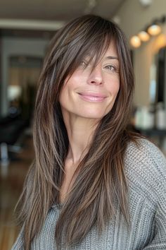 Click for More ➡️ | Save for Later ❤️  Discover 34 stunning and trendy hairstyles for women over 40 with bangs that are perfect for 2024! From chic bobs to layered locks, these stylish cuts will make you look and feel fabulous. Explore the latest trends in bangs, including side-swept, wispy, curtain, and more.  Whether you have thin hair, curly hair, or want to try a new color like blonde or brown, these haircuts are designed to enhance your natural beauty and boost your confidence.  #HairstylesForWomenOver40 #Bangs2024 #Haircuts #HairTrends #Over40Style #HairInspiration #BeautyTips #WomenWithBangs #HairTransformation #HairGoals  31. Long, Straight Layers with Side Bangs - Hairstyles For Women Over 40 With Bangs Bangs Around The Face, Hair With Long Bangs And Layers, Long Hair With Fringe Over 40, Layered Hair With Curtain Bangs Straight, Butterfly Bangs Long Hair, Long Hair Sweeping Bangs, Fringe Bangs With Side Part, Side Part With Long Bangs, Side Part Layered Hair Medium