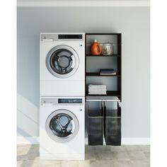 a washer and dryer stacked on top of each other in a laundry room