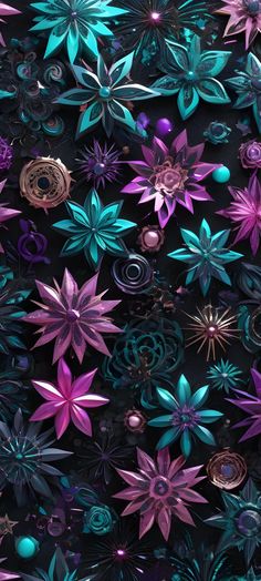 an image of many different colored flowers on a black background with blue and purple colors