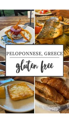 a collage of photos with the words peloponnese, greece, gluten free