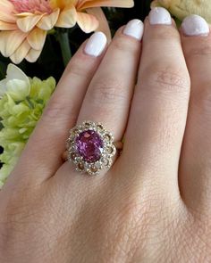 14k yellow gold Pink Sapphire and diamond ring. Center is 2.43 ct Pink Sapphire 7.38x8.44mm Diamonds are SI and GH color TWT 0.60 ct Ring size is 6.5 Will size at no charge  Will write an appraisal for insurance purposes upon request. Pink Sapphire And Diamond Engagement Ring, Mexican Girl Aesthetic, Pink Saphire, Pink Rings, Pink Sapphire Jewelry, Pink Sapphire Engagement Ring, Expensive Rings, Pink Sapphire Ring Engagement, Jewelry Girl