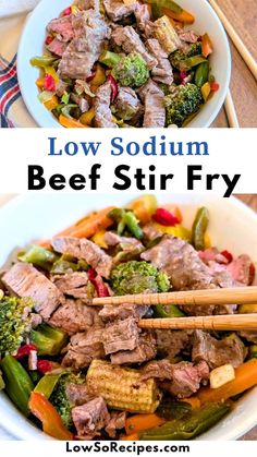 beef stir fry with vegetables and chopsticks in a bowl