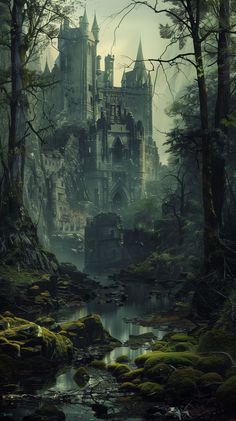 a painting of a castle in the woods