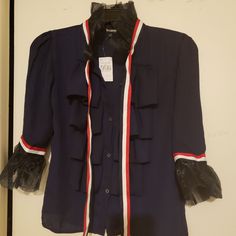 Beautiful, Stylish And Frills. Make This Showstopper The Newest Addition To Your Closet. Multicolored Navy Tops For Office In Spring, Navy Tops For Office Spring Season, Ups And Downs, No Frills, Ups, Top Blouse, Brand New, Womens Tops, Red