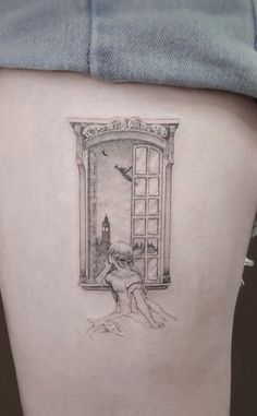 a woman's thigh with an open window and bird flying by it on the side