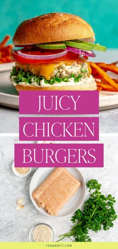 juicy chicken burgers with lettuce, onions and carrots on the side