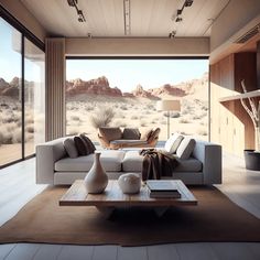 a living room filled with furniture and a large window covered in desert scenery, while the light shines on the floor