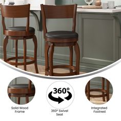 the stools are up against the kitchen counter and have been made from solid wood