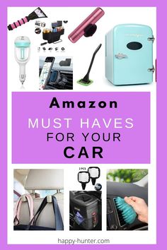 the words amazon must haves for your car are shown in purple and black with images of various items