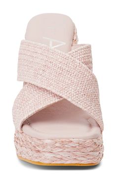 Crisscrossing straps and braided trim along the sole bring abundant texture to this lofty platform sandal. 4" heel; 1" platform Contoured footbed with arch support Synthetic upper, lining and sole Imported Cute Beach Shoes, Trendy Wedges, Italy Vibes, Trending Flats, Summer Wedges, Platform Mules, Rollerball Perfume, On Beach, Platform Heel