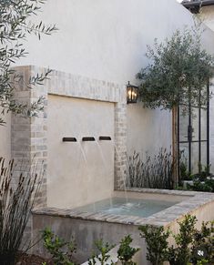 a water fountain in front of a house