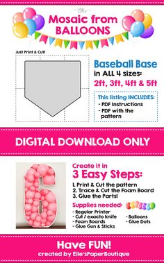 a flyer for a birthday party with balloons on the front and back, in pink