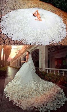 a woman in a wedding dress laying on the ground