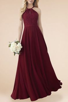 Burgundy lace and chiffon modern A-line long bridesmaid dress. Sleeveless lace bodice with halter straps. Natural waistline. Bridesmaid Lace Gown For Prom Season, Bridesmaid Gown With Lace Back For Prom Season, Floor-length Bridesmaid Gown With Lace Back, Floor-length Lace Back Bridesmaid Gown, Floor-length Evening Dress With Lace Back For Bridesmaid, Floor-length Lace Back Evening Dress For Bridesmaid, Bridesmaid Evening Dress With Lace Back For Prom, Lace Back Bridesmaid Evening Dress For Prom Season, Lace Maxi Dress With Sweep Train For Wedding