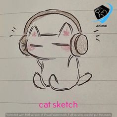 a drawing of a cat with headphones on